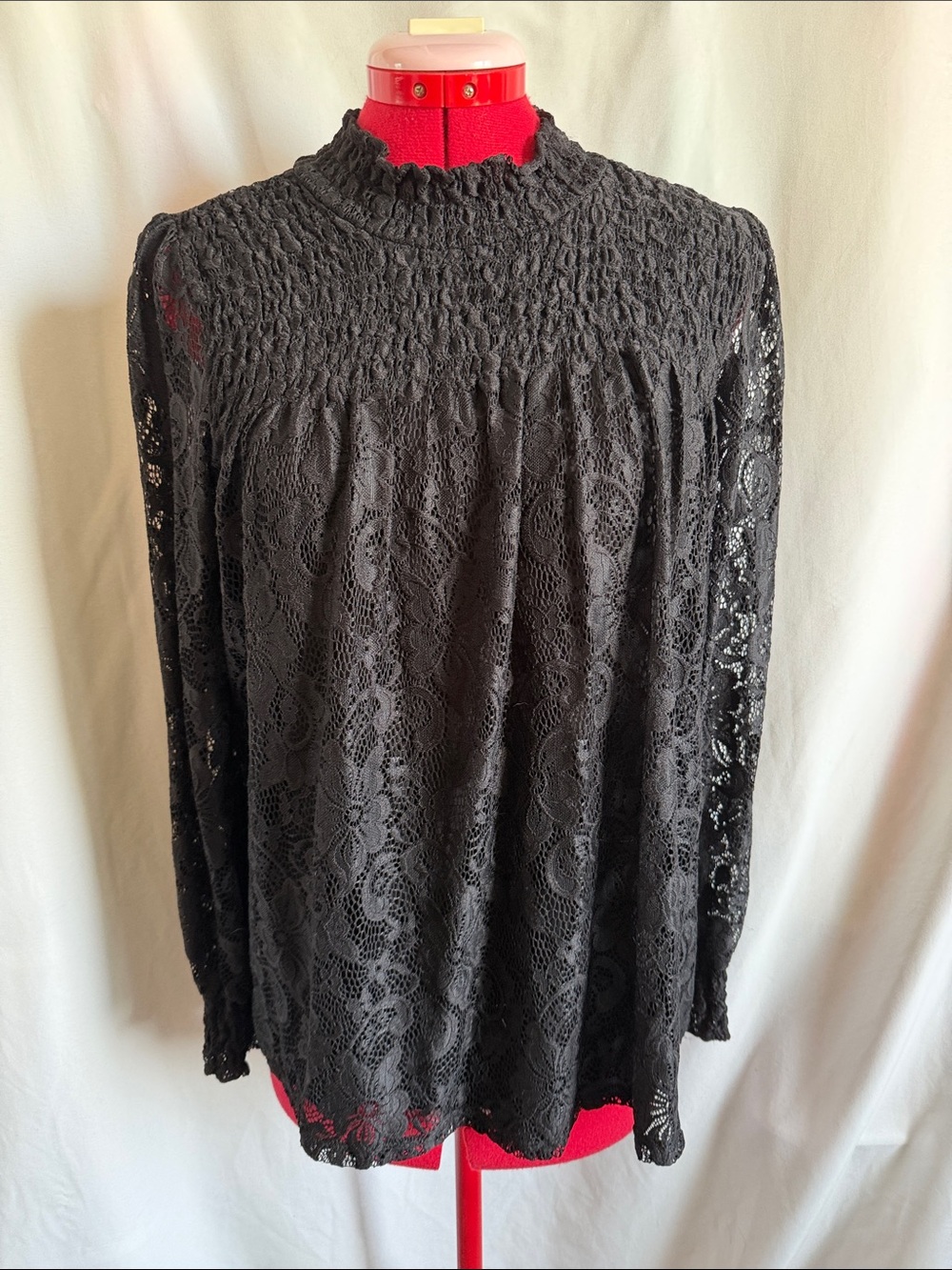 Cable & Gauge Black Lace Smocked Neck Long Sleeve Blouse